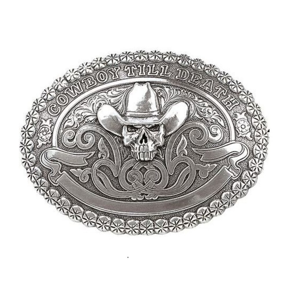 NEW Crumrine Men's Rodeo Skull Cowboy Belt Buckle " Cowboy Till Death "